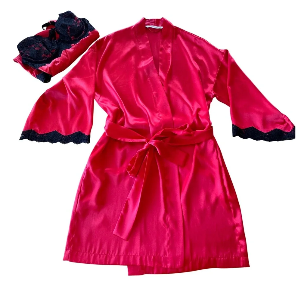 Y2K Victoria Secret Lingerie Set Women S Red Black Lace Satin Robe Slip Babydoll - Picture 4 of 16